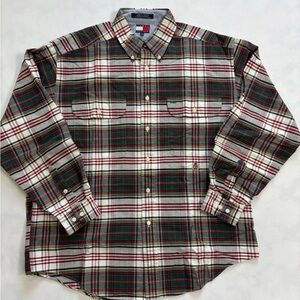 🏆VTG 90s Tommy Hilfiger Flannel Shirt Mens L Green Red Plaid Button-Down